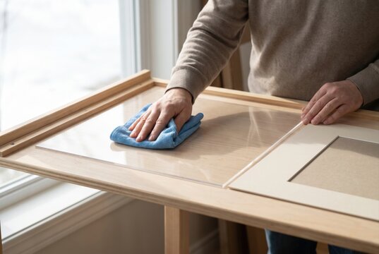 Hands using a blue microfiber cloth to wipe a clear acrylic sheet for a picture frame