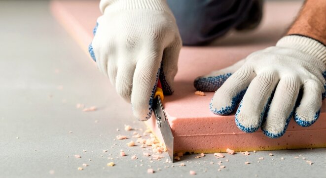 Close up of builder cutting pink foam insulation board with utility knife. Faceless worker installing thermal floor insulation. Home renovation and energy efficiency