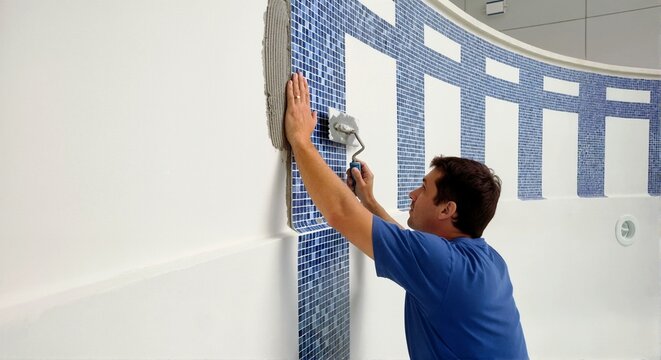White male tiler installing blue mosaic tiles on swimming pool wall. Professional construction worker renovating pool. Home improvement and masonry service