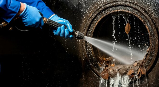 Worker flushing sewer pipe with high pressure water jet. Clearing drain blockage and debris. Municipal sanitation service