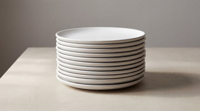 Neatly Stacked White Ceramic Plates on a Minimal Background