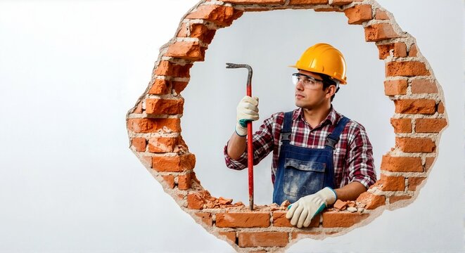 Young Hispanic construction worker looking through hole in brick wall. Male builder holding crowbar during home renovation. Demolition and remodeling. Copy space