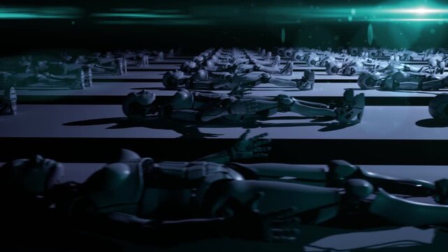 3D render video of mass production humanoid robots lying on assembly line factory shelves in futuristic dark facility