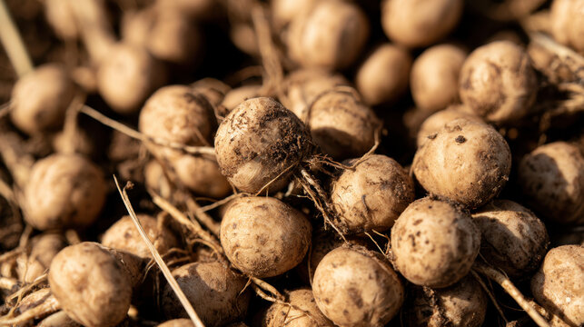 Freshly harvested tiger nuts with earthy brown skins thin roots and traces of soil shown in detailed macro view