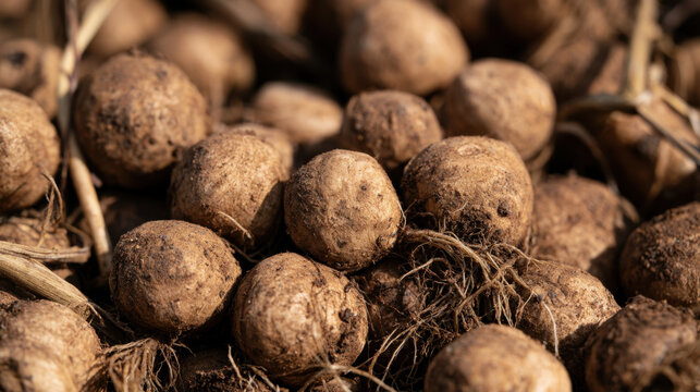 Freshly harvested tiger nuts covered with soil showing rough brown skins and tangled fibrous roots in a detailed macro view