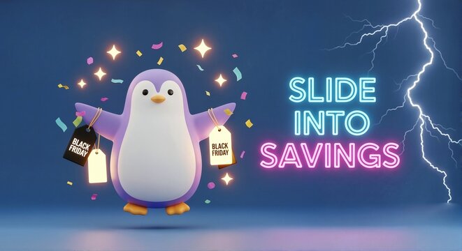 Black Friday sale banner with cute penguin holding price tags. Slide into savings neon sign on blue background. Winter retail promotion and discount event