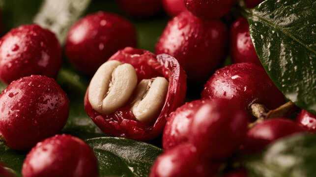 Fresh ripe coffee cherry split open to expose two raw coffee beans surrounded by red cherries and glossy green leaves in extreme closeup