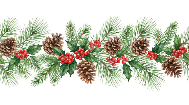 Watercolor Christmas garland with holly berries and pine cones


A festive hand-painted watercolor Christmas garland featuring green holly leaves, bright red berries, and brown pine cones 