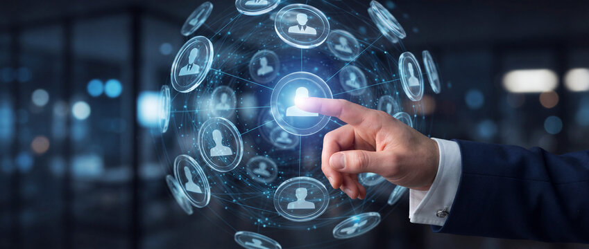 Social network globe interface touched by businessman in glowing blue digital HUD style, showcasing global profile connections and recruitment for modern corporate software concepts