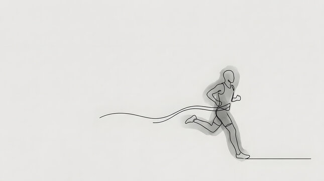 Minimalist line art runner crossing finish line on white background.