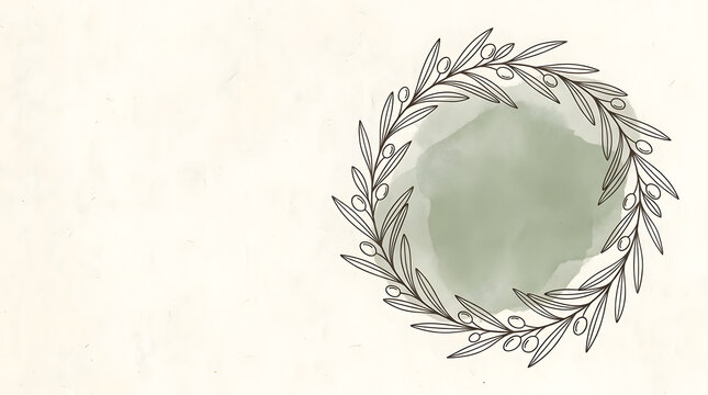Minimalist olive wreath line drawing on green watercolor circle.