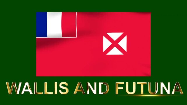 Waving flag of Wallis and Futuna with golden text on dark green background