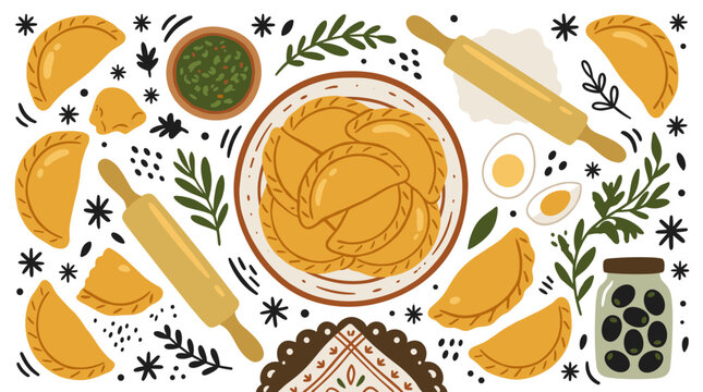 Food and cooking vector icons with empanada, rolling pin and sauce bowl for presentation design in vector art style