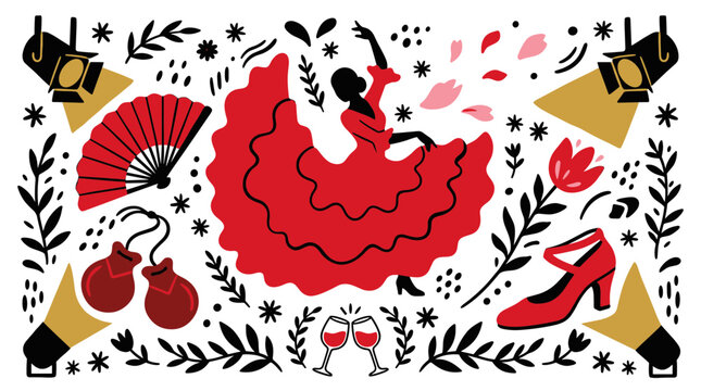 flamenco and dance concept icons with dancer, fan and castanets for mobile app design in silhouette vector art