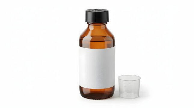 Amber Pharmaceutical Bottle with Blank Label and Measuring Cup on White Background