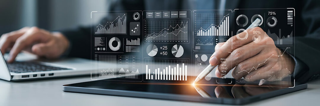 Businessman using a digital tablet with a stylus to interact with a holographic financial data dashboard displaying charts and market analytics