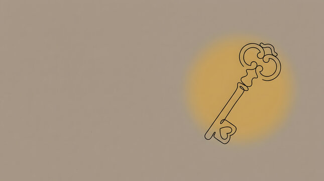 Minimalist vintage key line art on beige watercolor background.