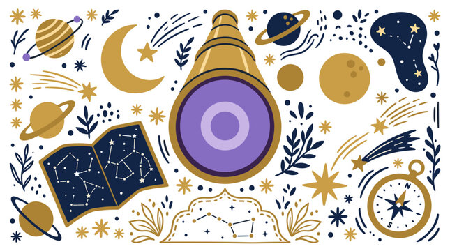 space exploration and astronomy vector icons with telescope, planets and stars for infographic design in minimal glyph style