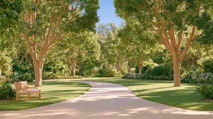 Obraz premium Peaceful garden path lined with trees under soft morning light