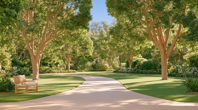 Peaceful garden path lined with trees under soft morning light