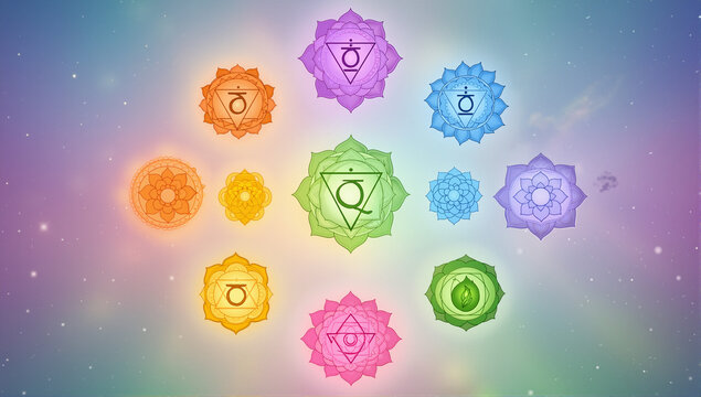 The Chakra system for yoga, meditation, ayurveda - banner / background
