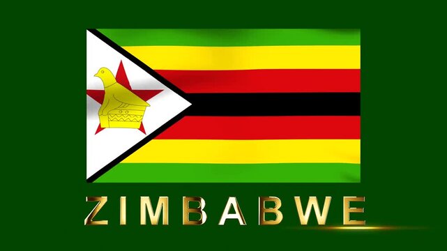 Waving flag of Zimbabwe with gold metallic letters on dark green background