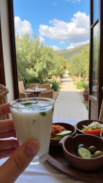 Turkish Ayran Drink on Rustic Wooden Table