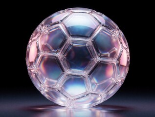 Naklejka premium Crystal soccer ball with iridescent light reflections on black background. Transparent glass football sphere glows with rainbow colors. Abstract 3D render of football object for sport concept,