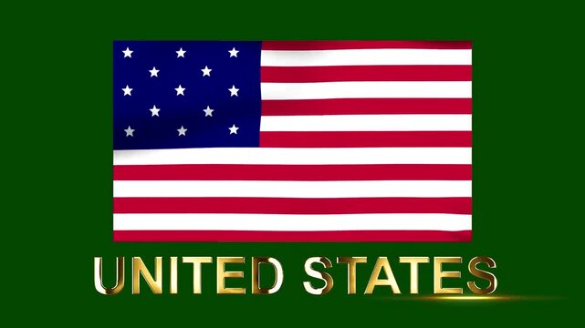 Waving historical united states flag with thirteen stars and metallic golden text on green background