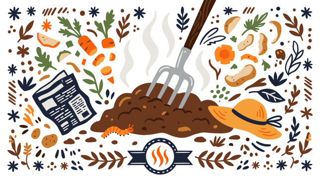 gardening and composting vector icons with soil fork, compost pile and garden hat for eco infographic design in silhouette glyph style