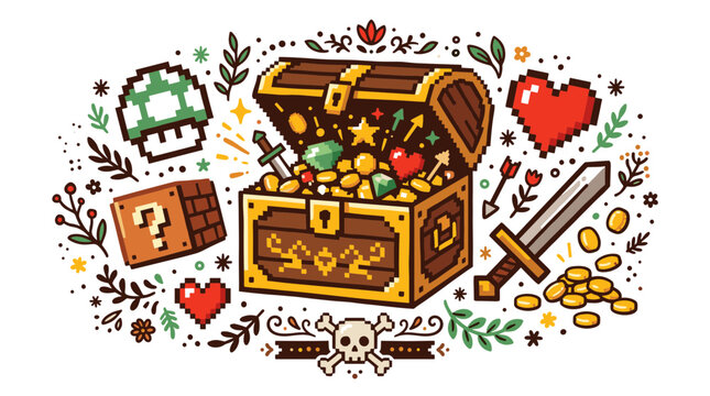 adventure and gaming vector icons with treasure chest, sword and heart for infographic design in pixel art style