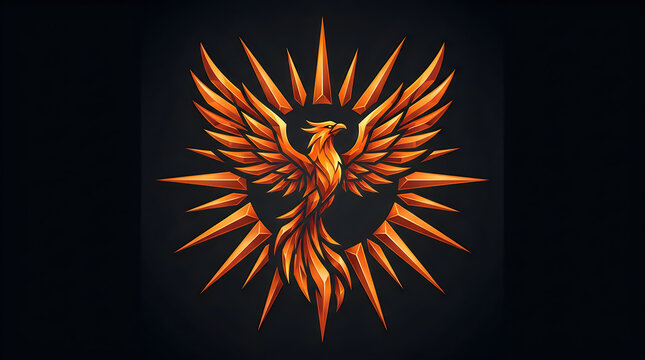 Majestic phoenix bird logo, fiery orange mythical creature with spread wings, sunburst fire bird emblem on black background