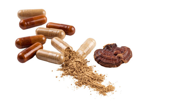 Reishi mushroom capsules with herbal powder, medicinal lingzhi supplement pills, natural organic wellness extract for immune support isolated PNG with Transparent Background