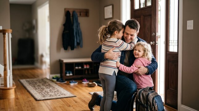 Happy father hugs his two young daughters near the front door as they return home with a school backpack