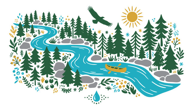River and forest vector icons with canoe, eagle and sun for web app design in flat glyph style