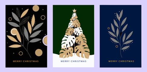 Minimalist line art Christmas cards with botanical elements and festive greetings on black background © Ariyan