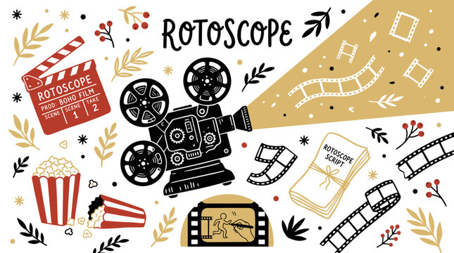 film production and animation vector icons with movie camera, clapperboard and filmstrip for presentation design in outline style