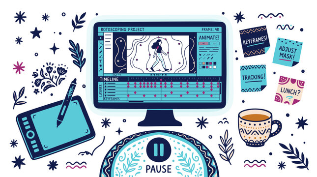 animation and digital art vector icons with drawing tablet, computer screen, and coffee cup for presentation design in outline flat style