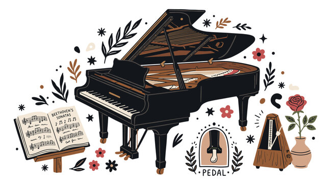 music and piano vector icons with grand piano, metronome and sheet music for presentation design in outline style