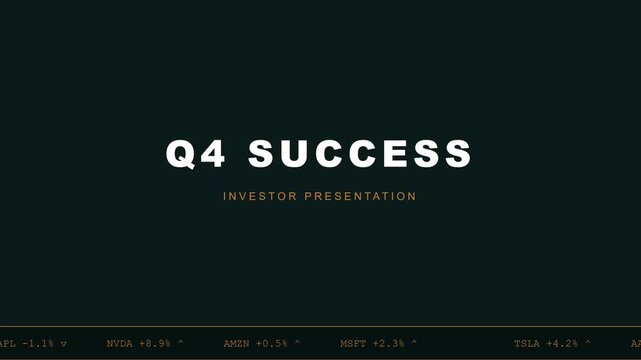 Q4 success investor presentation with scrolling stock market ticker tape overlay for financial news and corporate business reports animation 4k