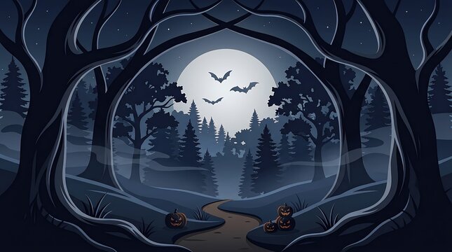 Spooky forest landscape with a full moon and flying bats at night in pixel art style