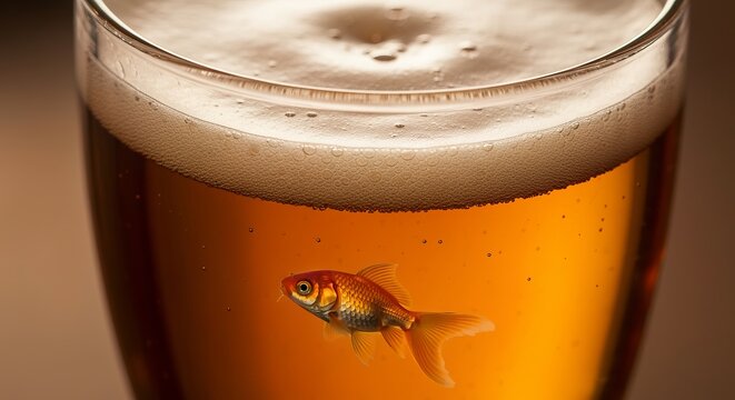 Glass of amber beer with a goldfish swimming in the foam, macro realism, warm lighting