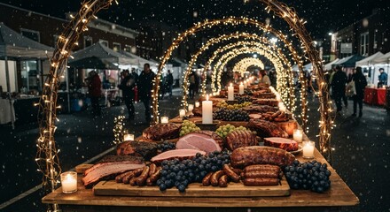 Obraz premium Long table of smoked meats and clustered grapes under vine arches, candlelight and gentle snowfall at a street fair