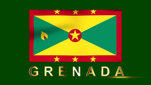 Waving national flag of Grenada with gold metallic text typography design