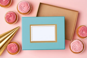 Fototapeta premium Playful flat lay with birthday treats pink cupcakes gold party hat blank label box