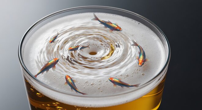 Surreal pint with koi swimming through frothy head, glossy reflections, dreamlike detail