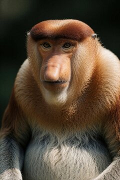 Close up portrait of proboscis monkey with big nose. Wild bekantan primate looks at camera in tropical forest. Rare mammal species from Borneo shows unique facial features in nature. Exotic animal