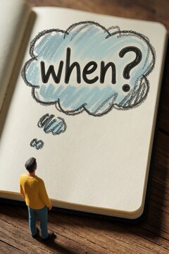 Miniature man contemplates notebook with when thought bubble. Question about timing and planning for future events, decisions, or deadlines.