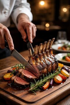 Pro chef slices cooked rack of lamb on wooden board. Roasted vegetables, fresh rosemary garnish delicious meat dish. Elegant restaurant dining experience with warm lighting, gourmet food presentation