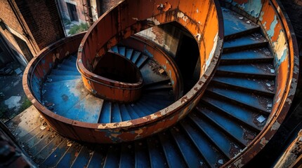 Fototapeta premium Rusty spiral staircase inside abandoned industrial building. Peeling paint on metal structure. Architectural detail of decay, decline, and urban exploration.